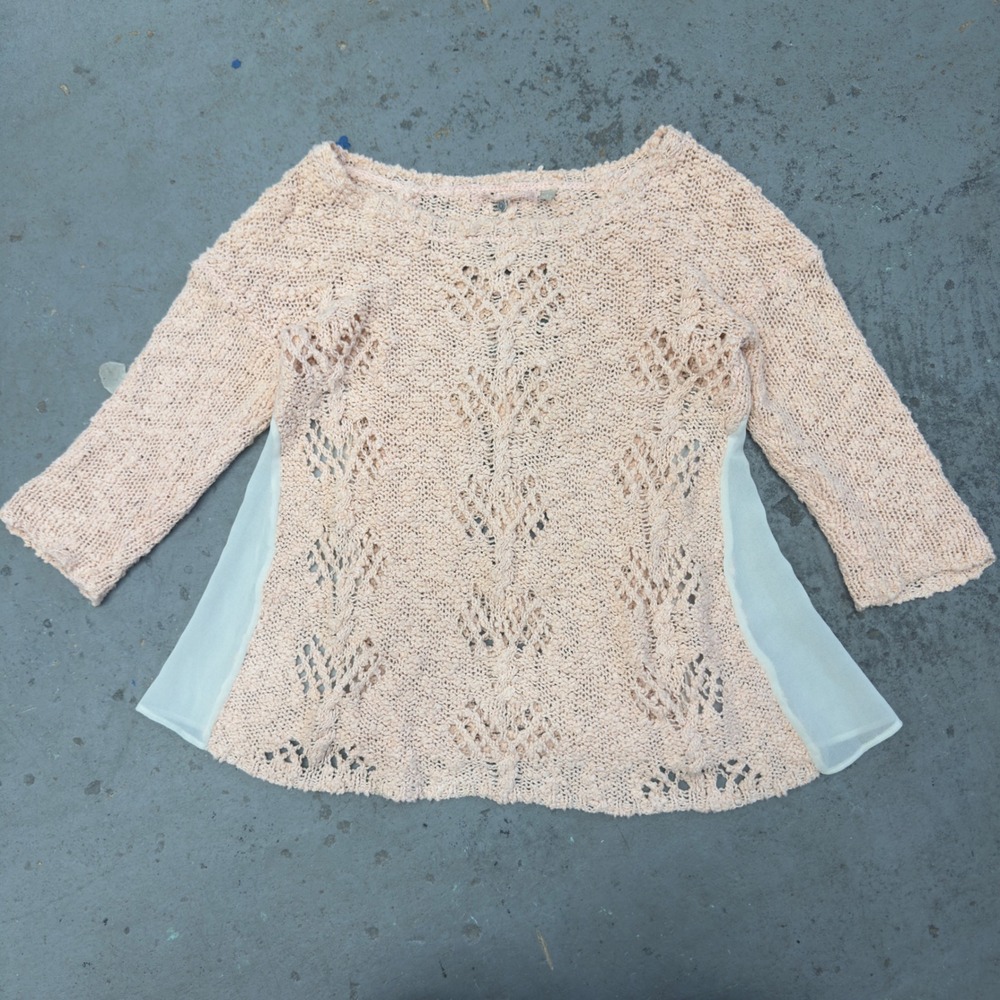 Knitted & Knotted Anthropologie Peach Pointelle Mixed Media Chiffon Sweater S